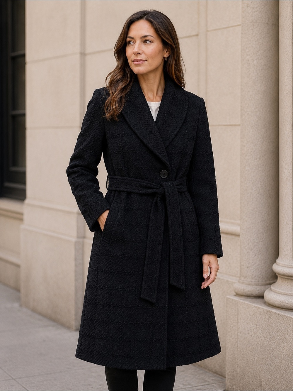 Rachel Mara Chic Black Textured Women's Trench Coat Size 2 Cozy Fall Winter